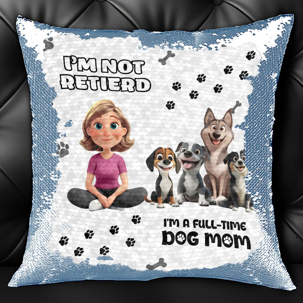 Personalized dog mom sequin pillow featuring a cartoon woman and playful dogs with paw prints