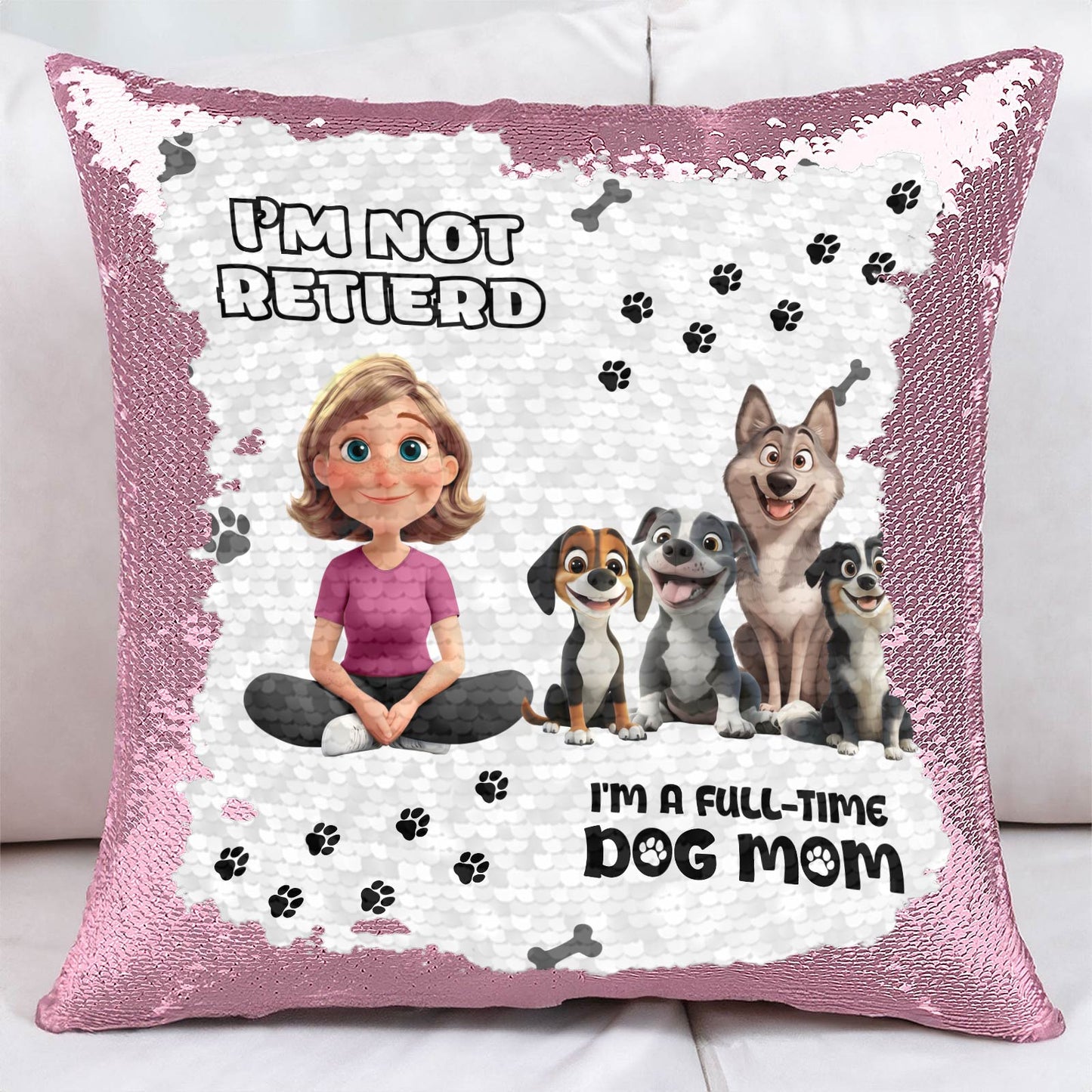 Personalized dog mom sequin pillow featuring playful graphics and a fun message for dog lovers