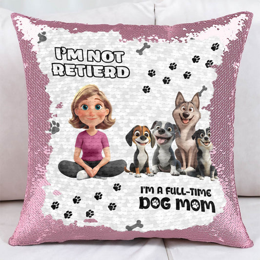 Personalized dog mom sequin pillow featuring playful graphics and a fun message for dog lovers