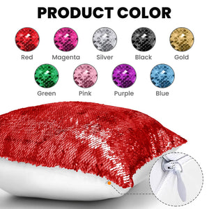 Personalized dog mom sequin pillow in vibrant red color with reversible sequins for customization