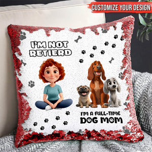 Personalized dog mom sequin pillow featuring a cute design with playful dogs and a cheerful woman
