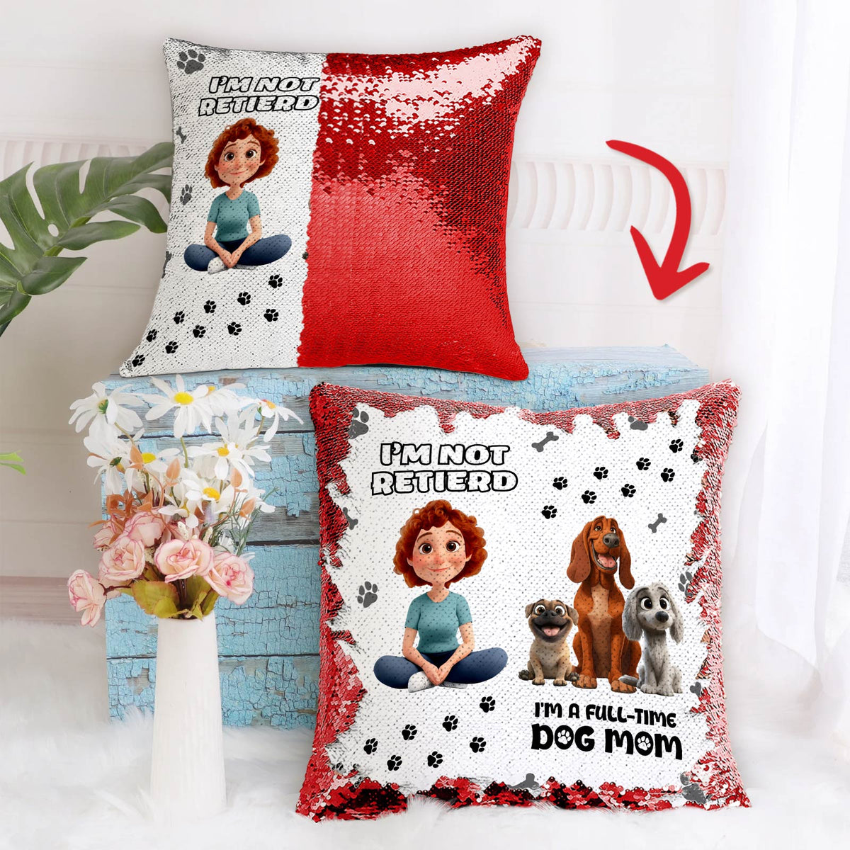 Personalized dog mom sequin pillow featuring fun design with text and adorable dog illustrations