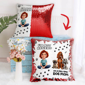 Personalized dog mom sequin pillow featuring fun design with text and adorable dog illustrations