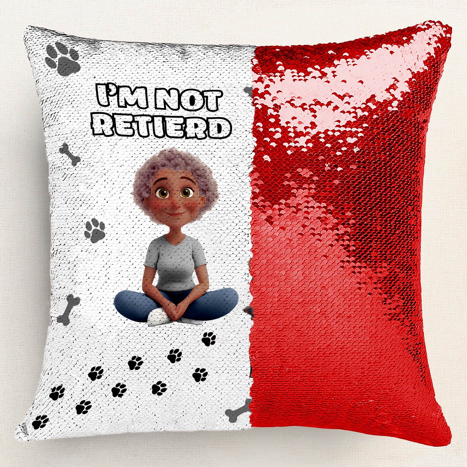 Personalized dog mom sequin pillow featuring a fun design with a character and playful text