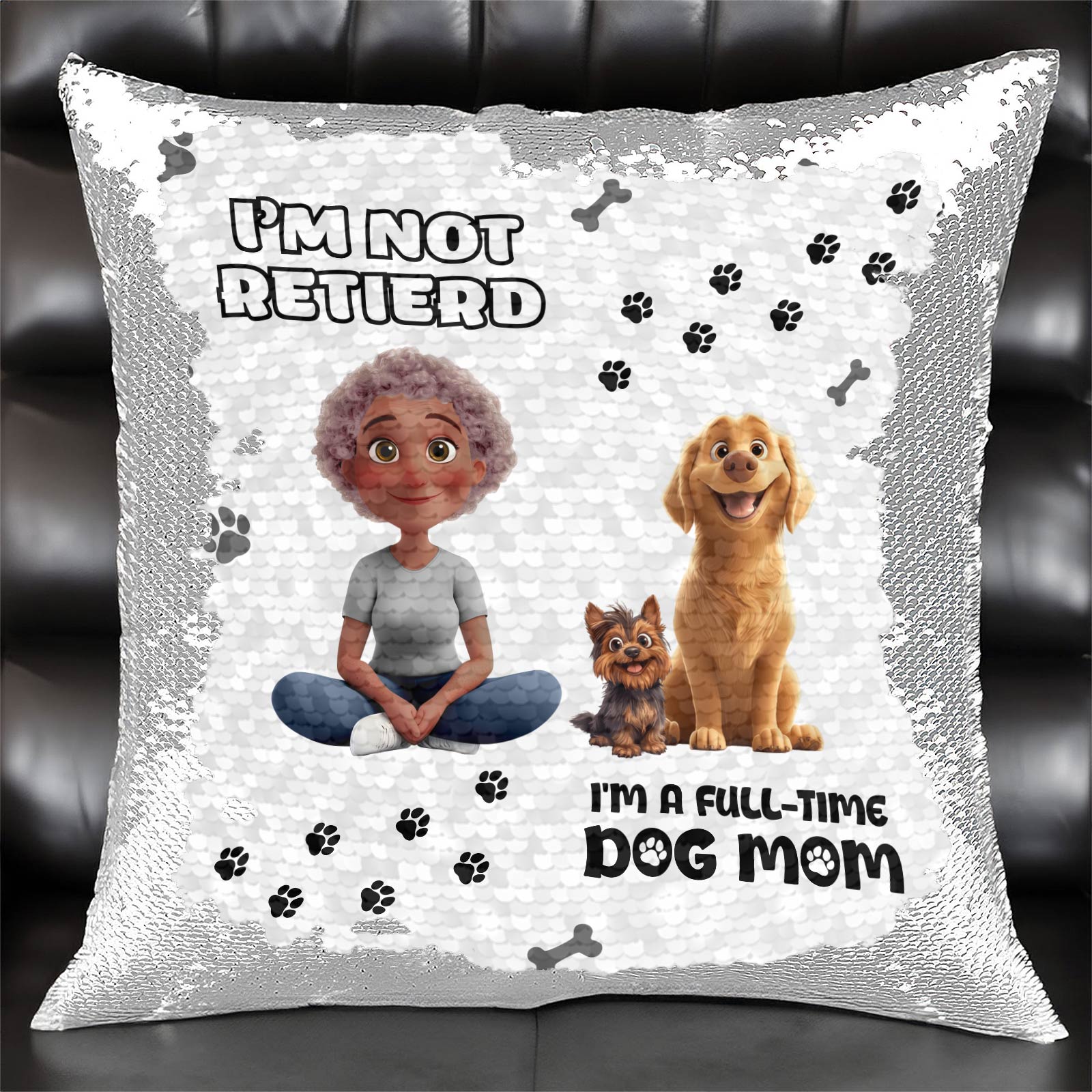 Personalized dog mom sequin pillow with playful design and fun quote for dog lovers