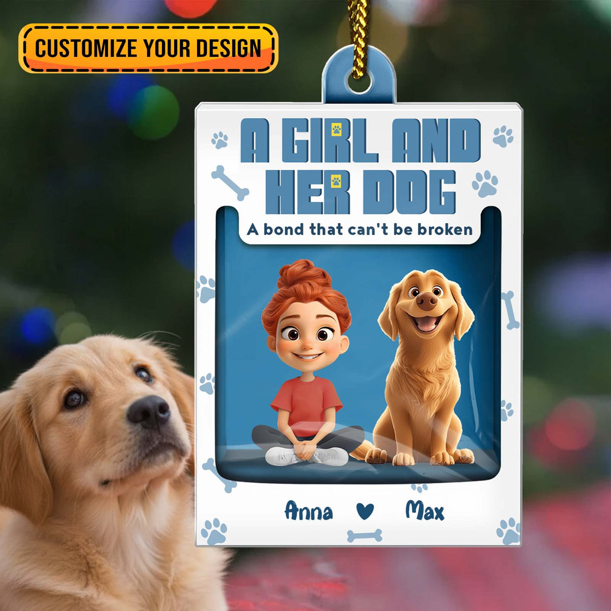 Personalized dog ornament featuring a girl and her dog with customizable design options