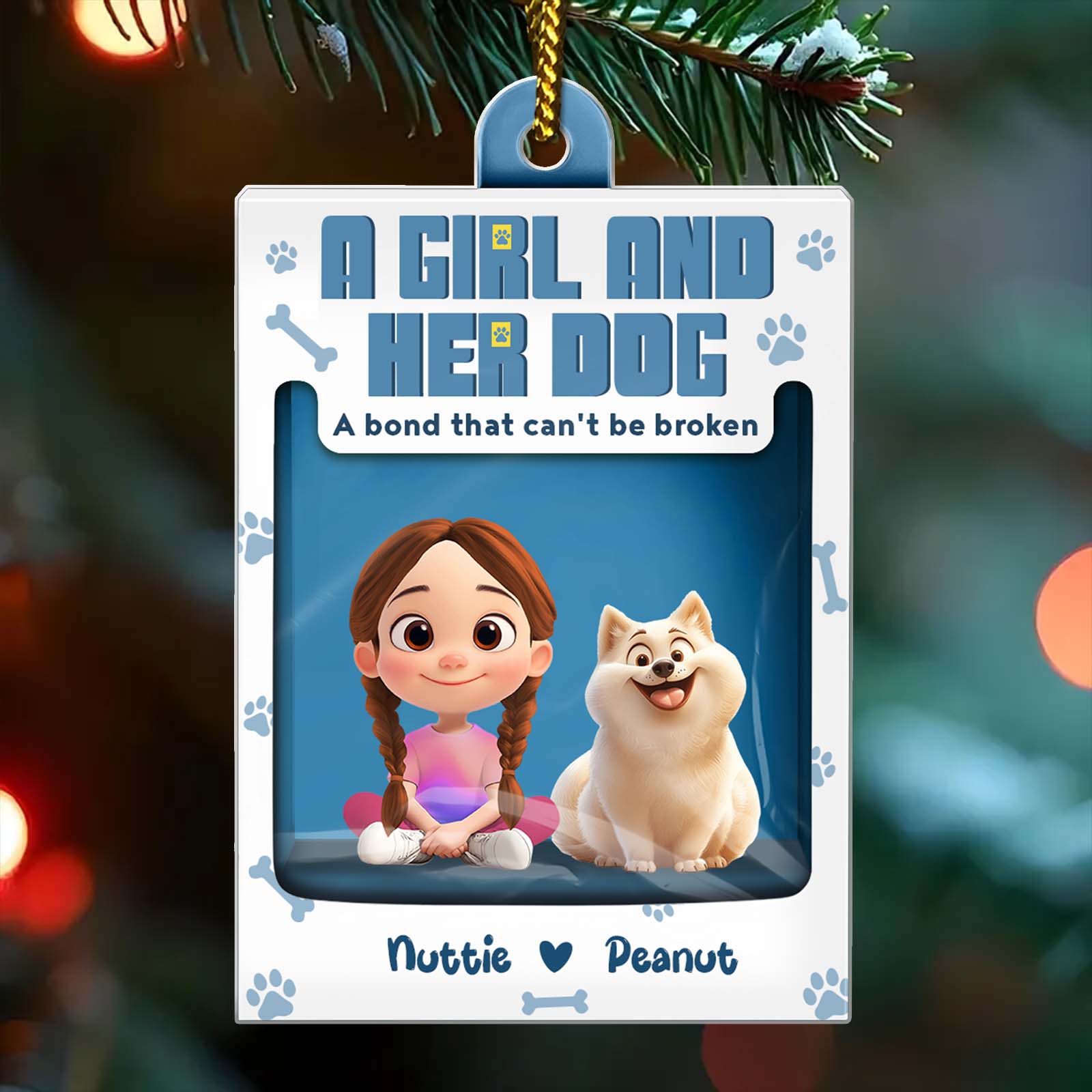 Personalized dog ornament featuring a girl and her dog with custom names Nuttie and Peanut