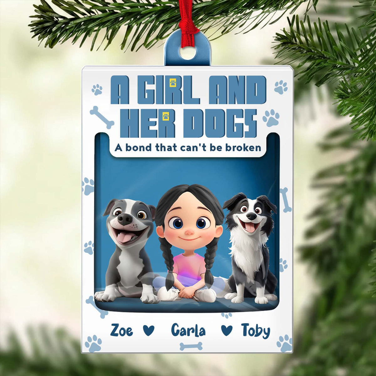 Personalized dog ornament featuring a girl with her two dogs and custom names Zoe, Carla, and Toby