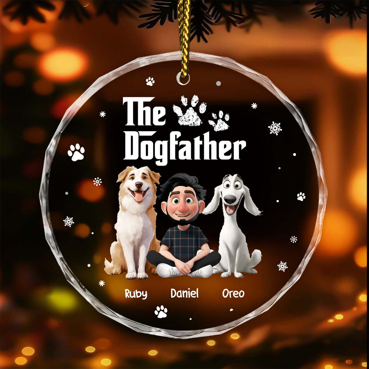 Personalized dog ornament featuring a cartoon family with two dogs and custom text for pet lovers