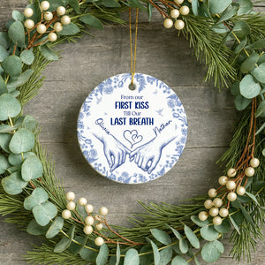 Personalized double-sided ceramic ornament featuring entwined hands and heartfelt message