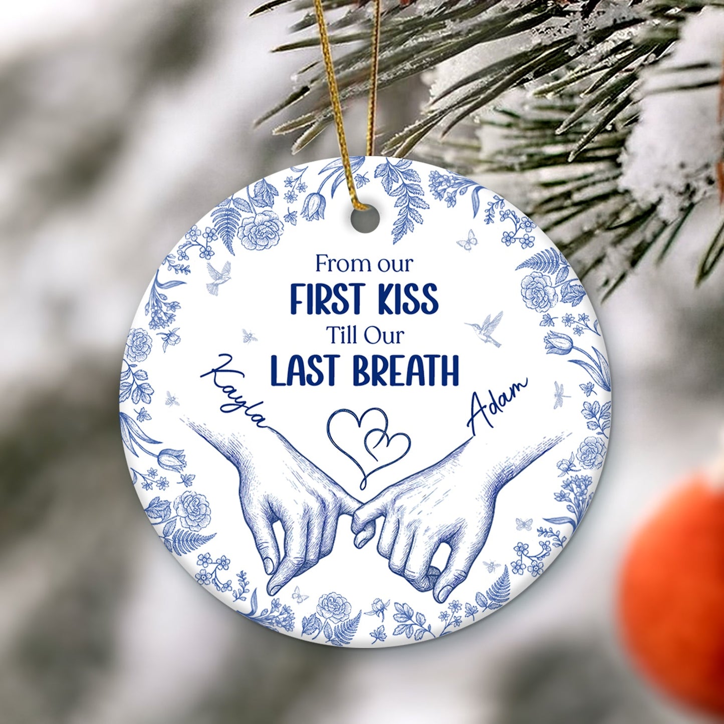 Personalized double-sided ceramic ornament featuring hands and romantic text for special occasions