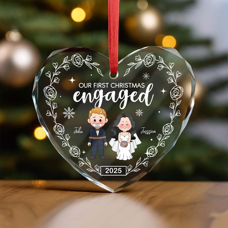 Personalized engaged Christmas ornament with cartoon couple and festive design for celebrations