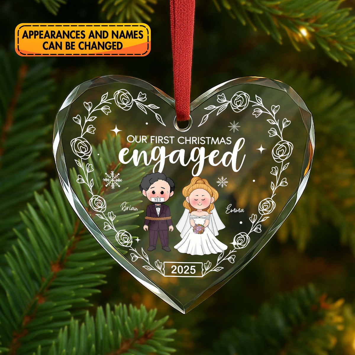 Personalized engaged Christmas ornament featuring four friends with customizable names for holiday celebrations
