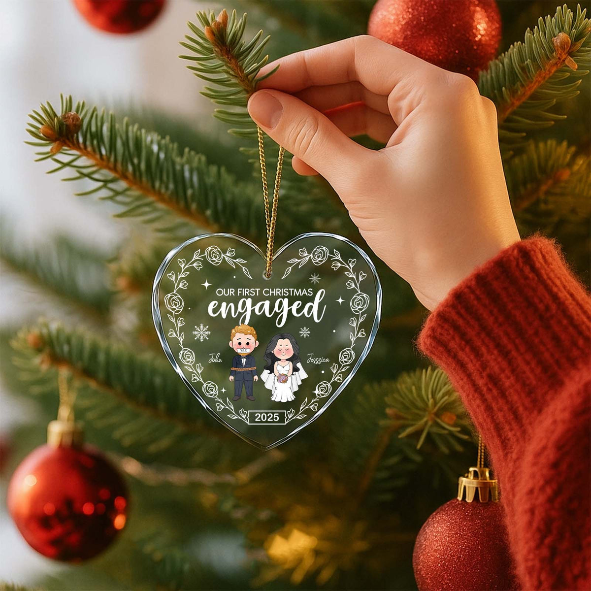 Personalized engaged Christmas ornament featuring a couple with the text Our First Christmas engaged 2025