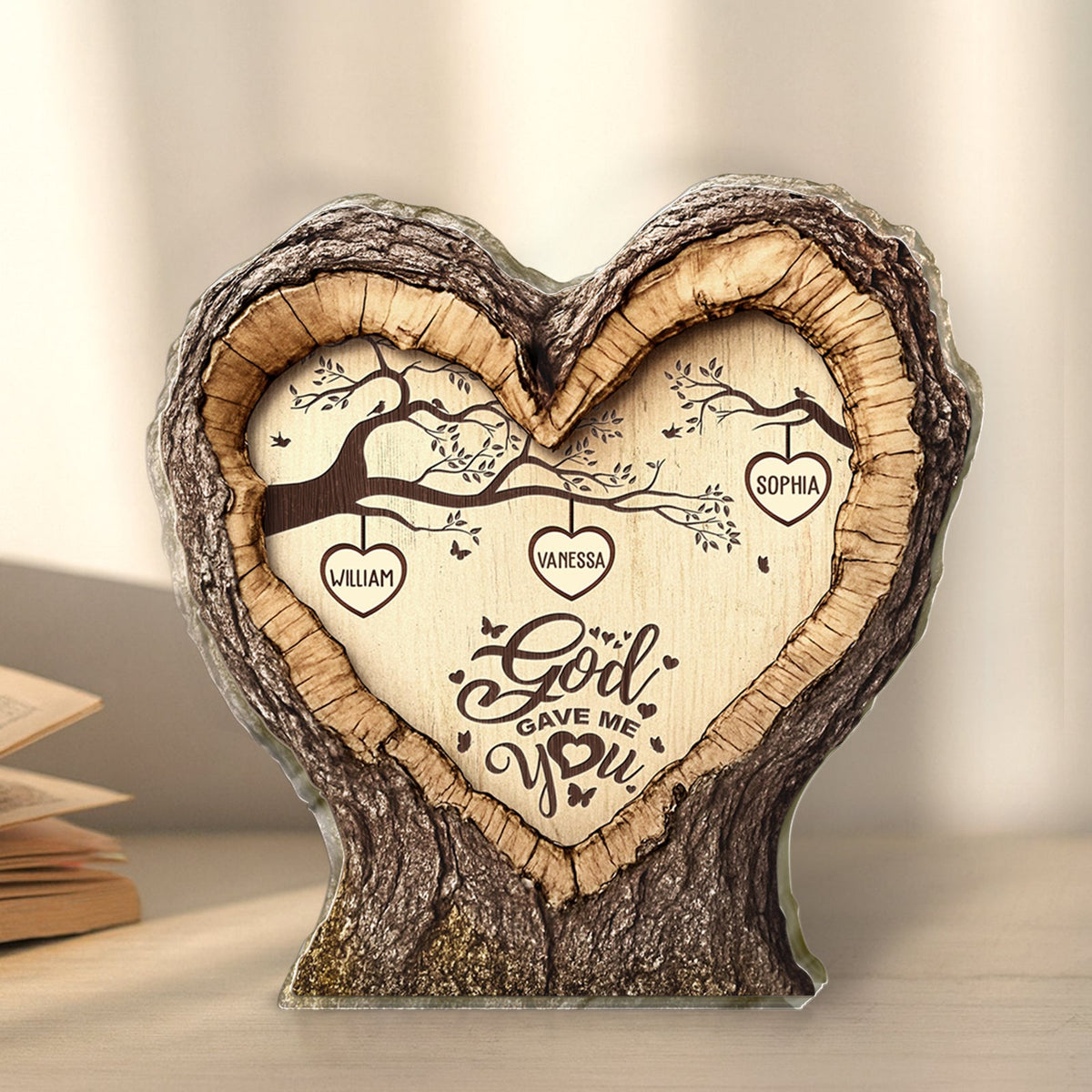 Personalized family acrylic plaque in heart shape featuring names and a heartfelt message