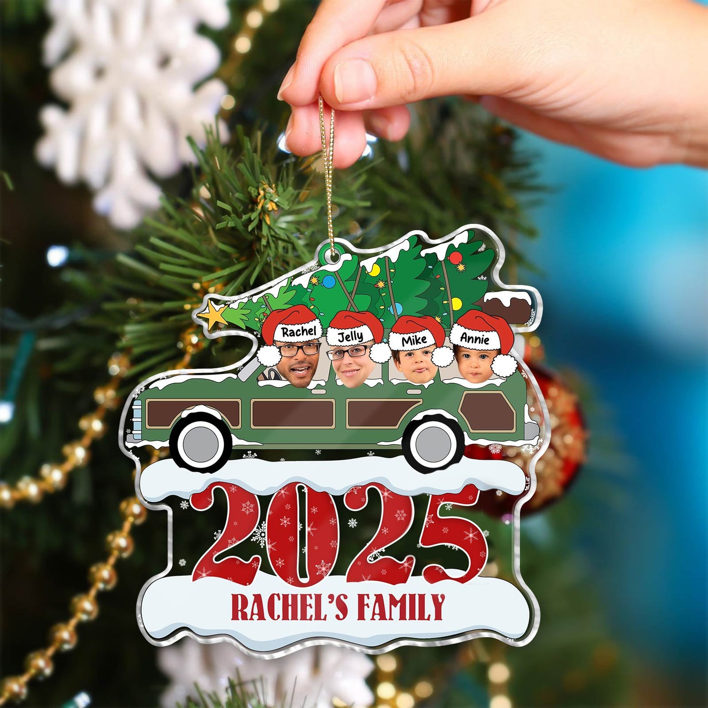 Personalized family Christmas ornament featuring a car with names and a Christmas tree for holiday decor