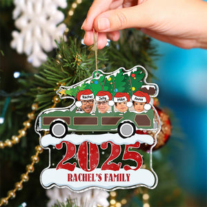 Personalized family Christmas ornament featuring a car with names and a Christmas tree for holiday decor