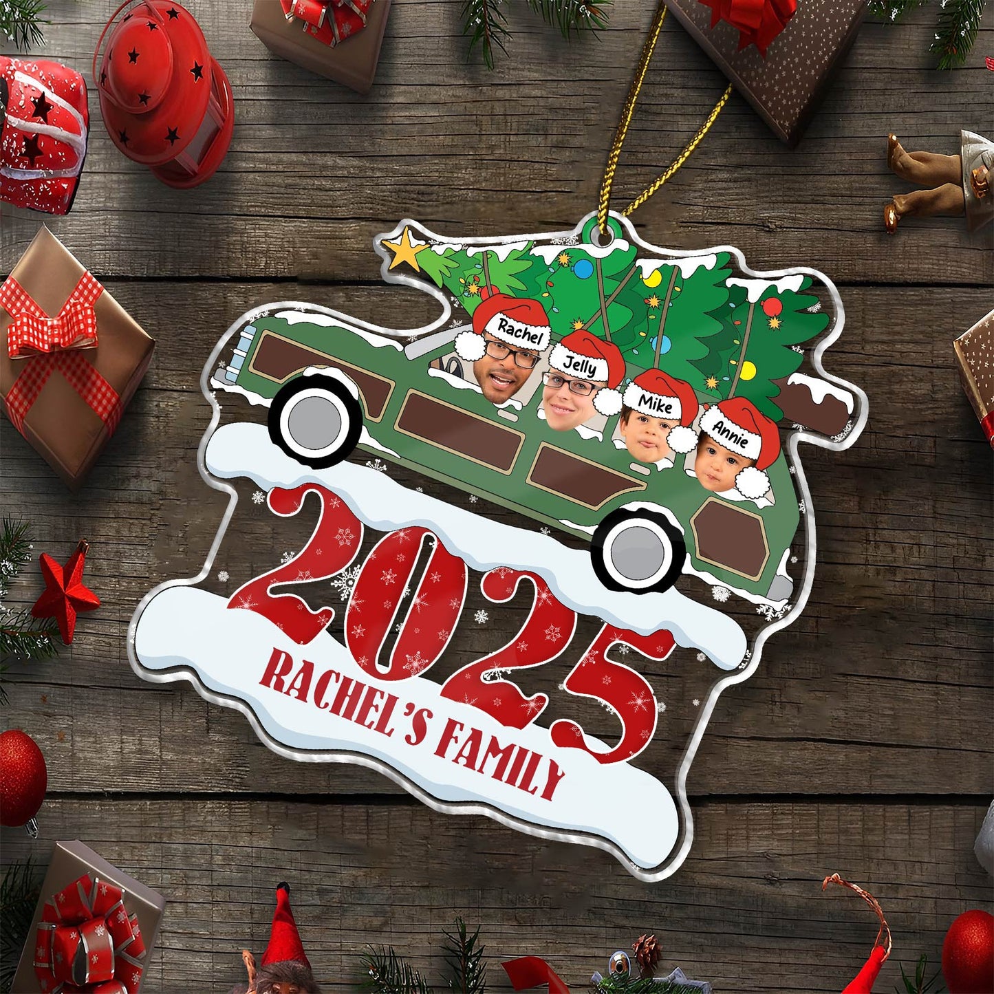 Personalized family Christmas ornament featuring a car with a Christmas tree and family members in Santa hats