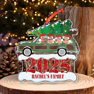 Personalized family Christmas ornament featuring a car with family names and a festive tree for 2025