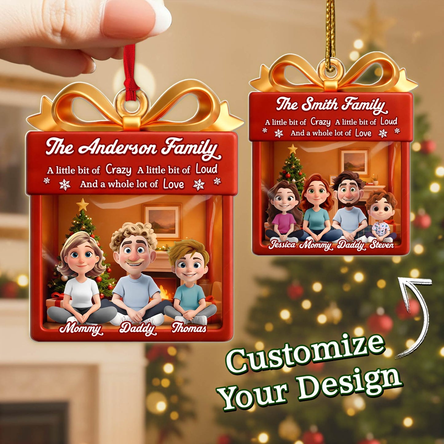 Personalized family Christmas ornament featuring customizable family names and a festive design