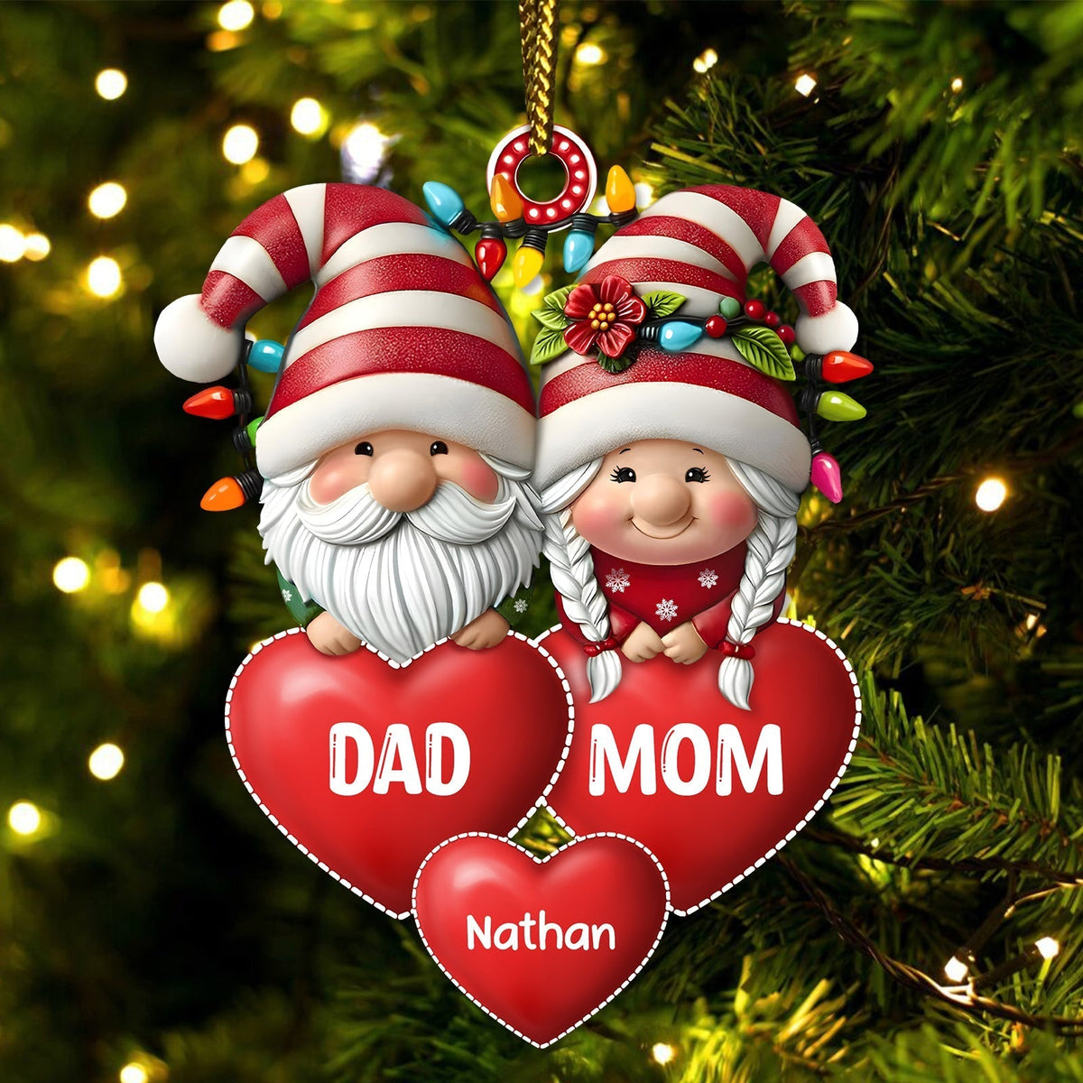 Personalized family Christmas ornament featuring Santa and Mrs. Claus with hearts for Dad and Mom