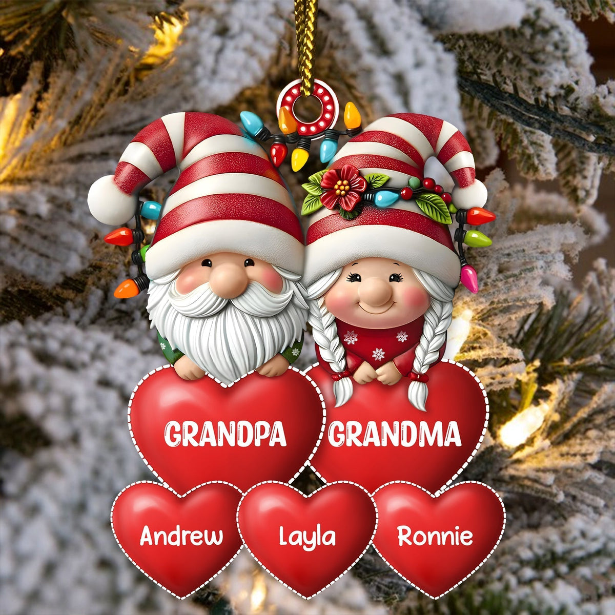 Personalized family Christmas ornament featuring grandparents with red hats and heart tags for names