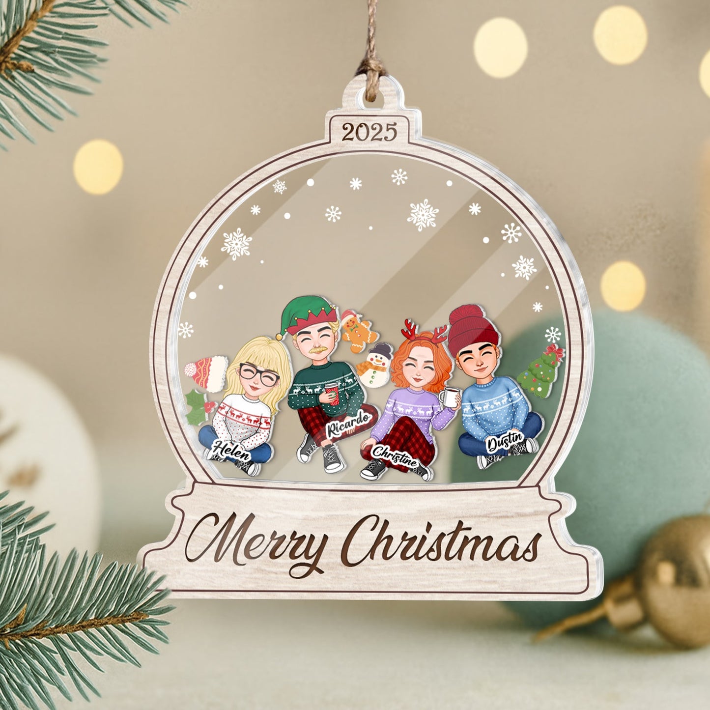 Personalized family Christmas ornament featuring four cartoon characters in festive attire with a snowy background