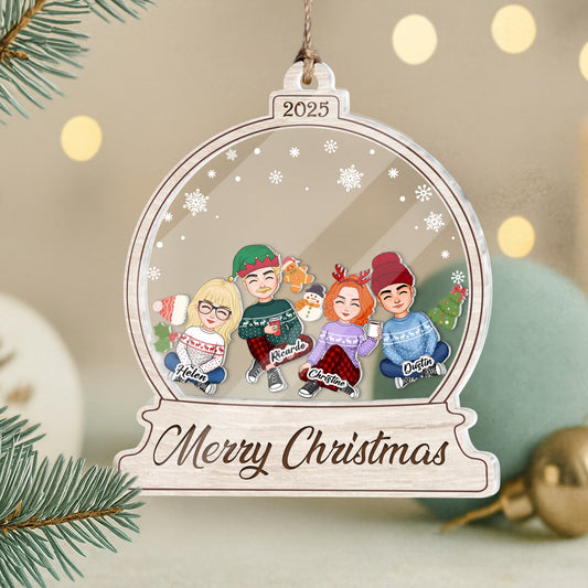 Personalized family Christmas ornament featuring four cartoon characters in festive attire with a snowy background