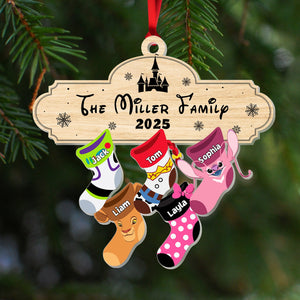 Personalized family Christmas ornament featuring stockings for the Miller family with joyful cartoon characters