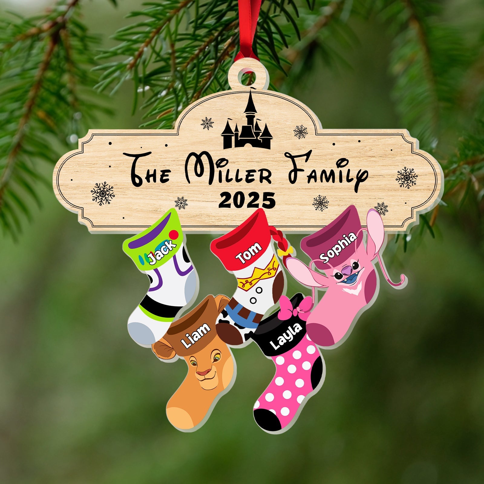 Personalized family Christmas ornament featuring stockings with names for the Miller family in 2025