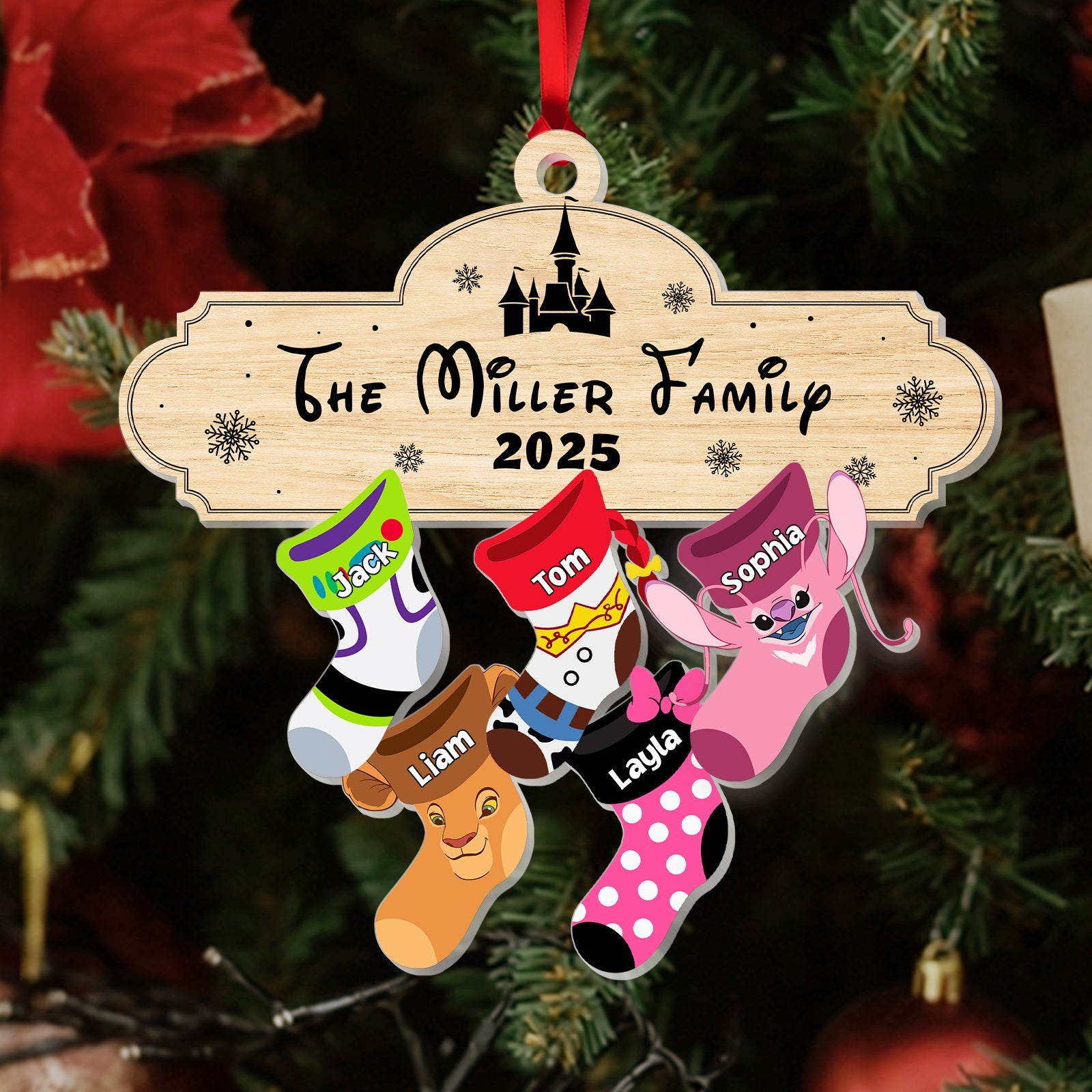 Personalized family Christmas ornament with colorful stockings and names for the Miller Family 2025