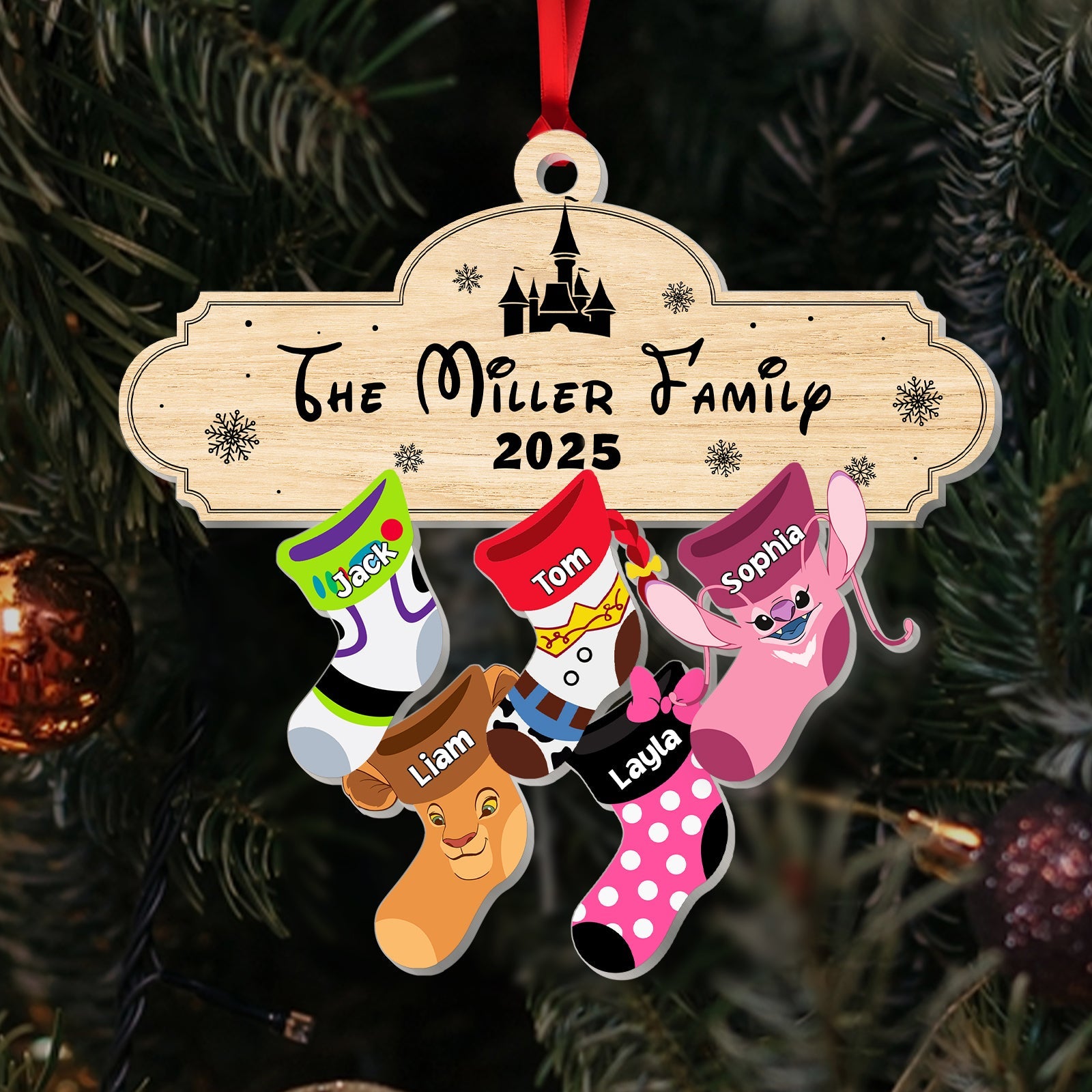 Personalized family Christmas ornament featuring the Miller family with colorful stockings for 2025