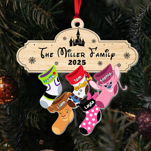 Personalized family Christmas ornament featuring the Miller family with colorful stockings for 2025