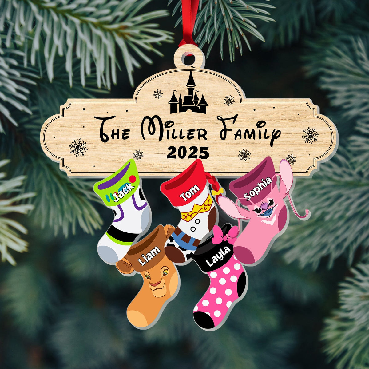 Personalized family Christmas ornament with colorful stockings for the Miller family in 2025