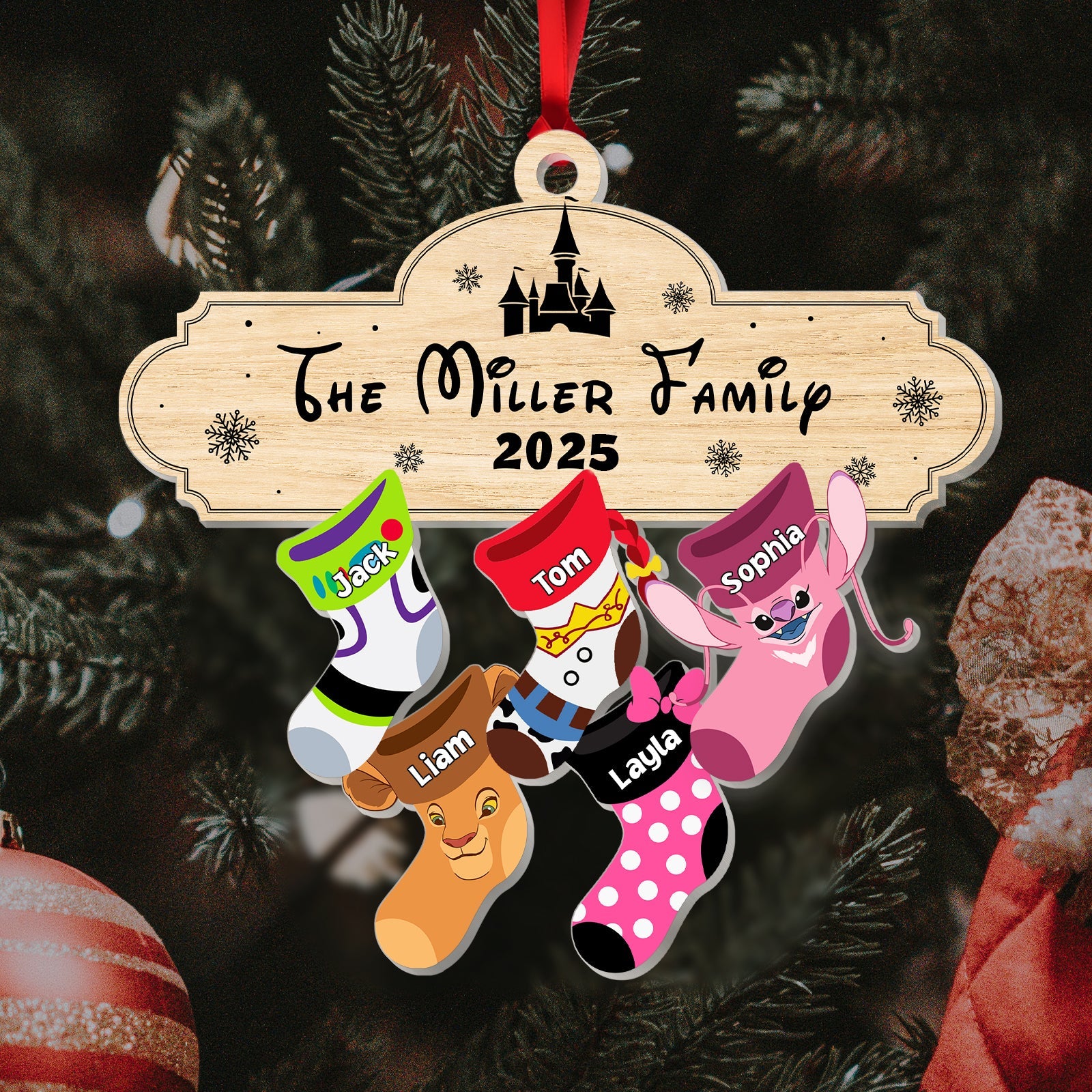 Personalized family Christmas ornament featuring colorful stockings for the Miller family in 2025
