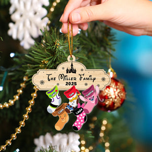 Personalized family Christmas ornament featuring the Miller Family with colorful stockings and custom names