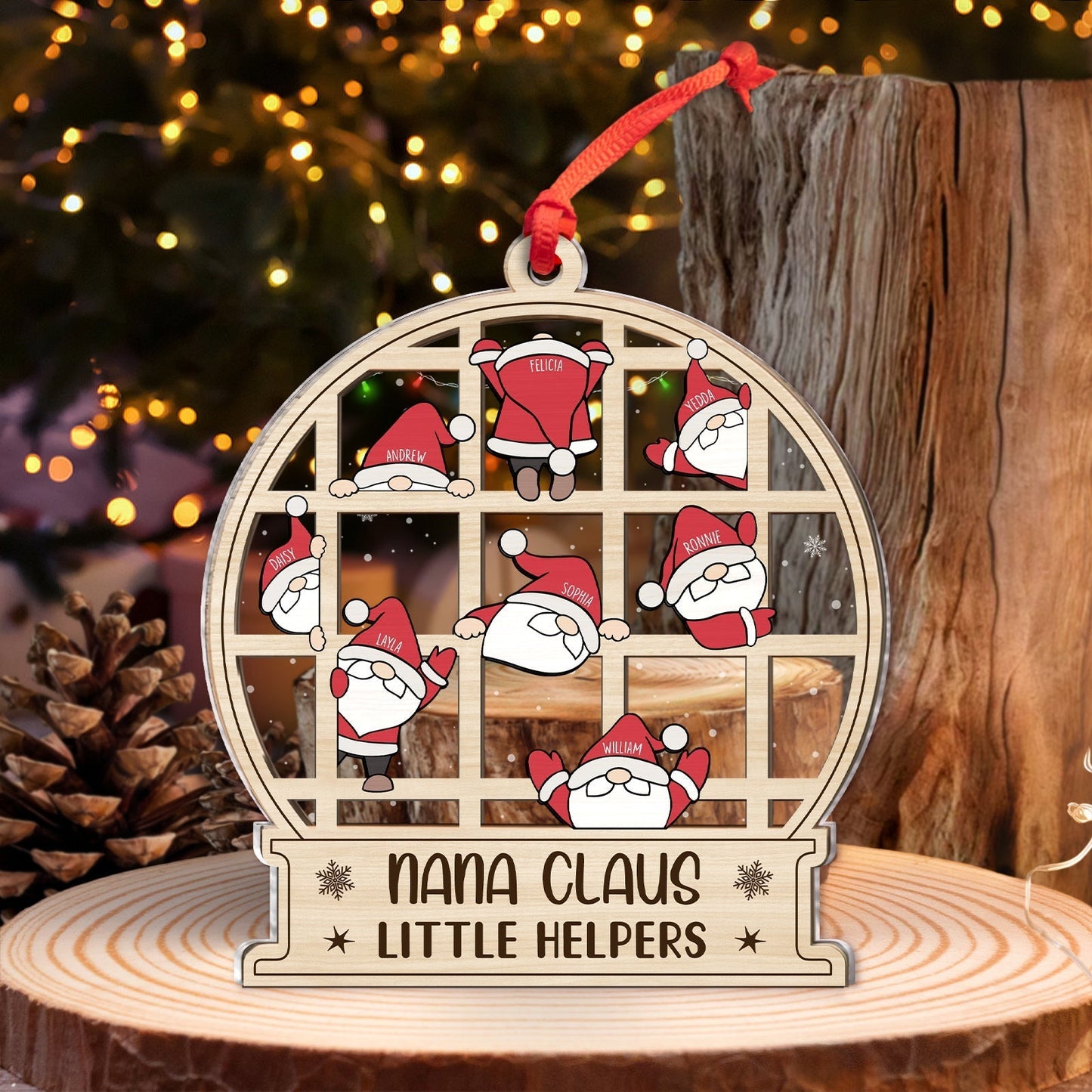 Personalized family Christmas ornament with Santa faces and names Nana Claus Little Helpers design