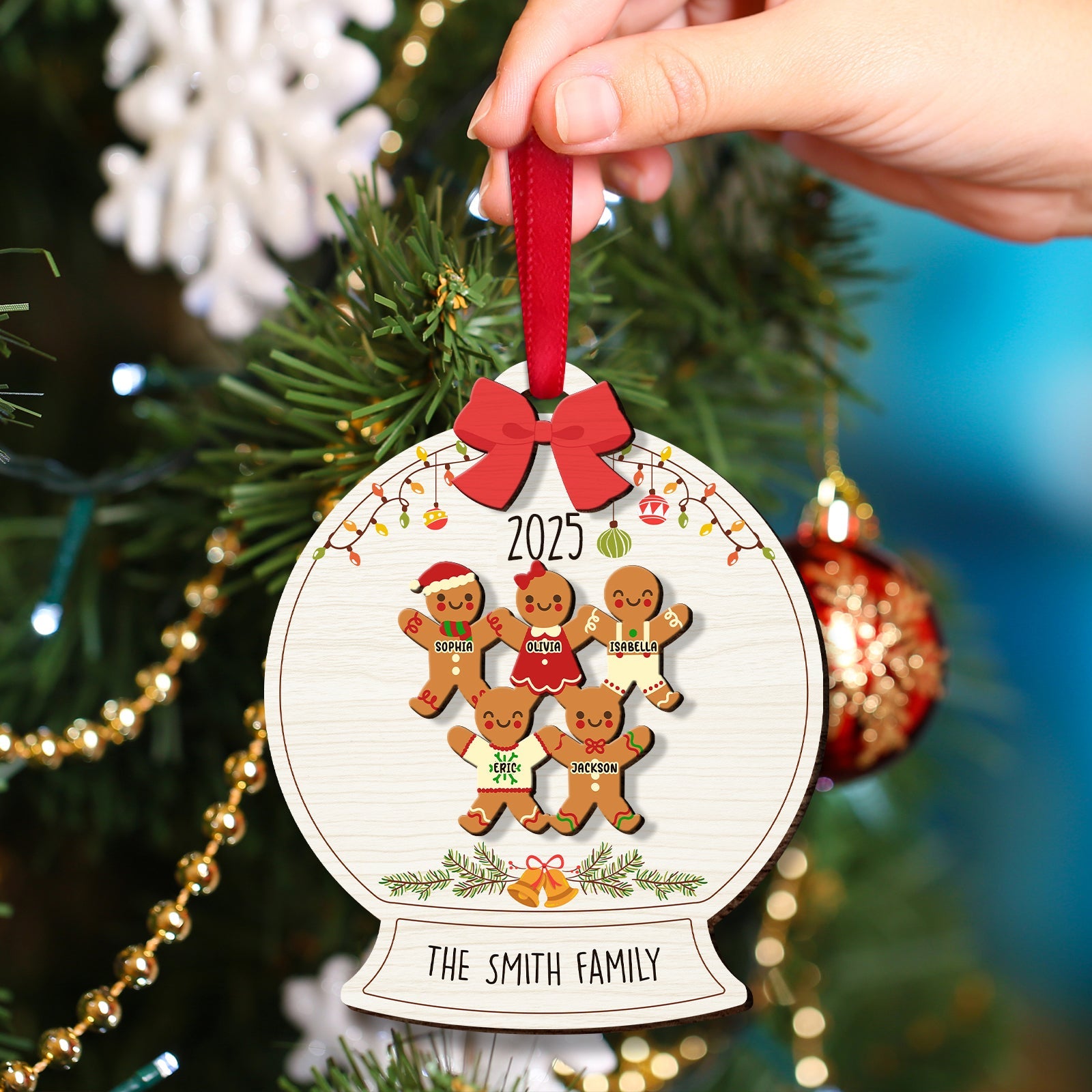 Personalized family Christmas ornament featuring gingerbread figures and The Smith Family for 2025