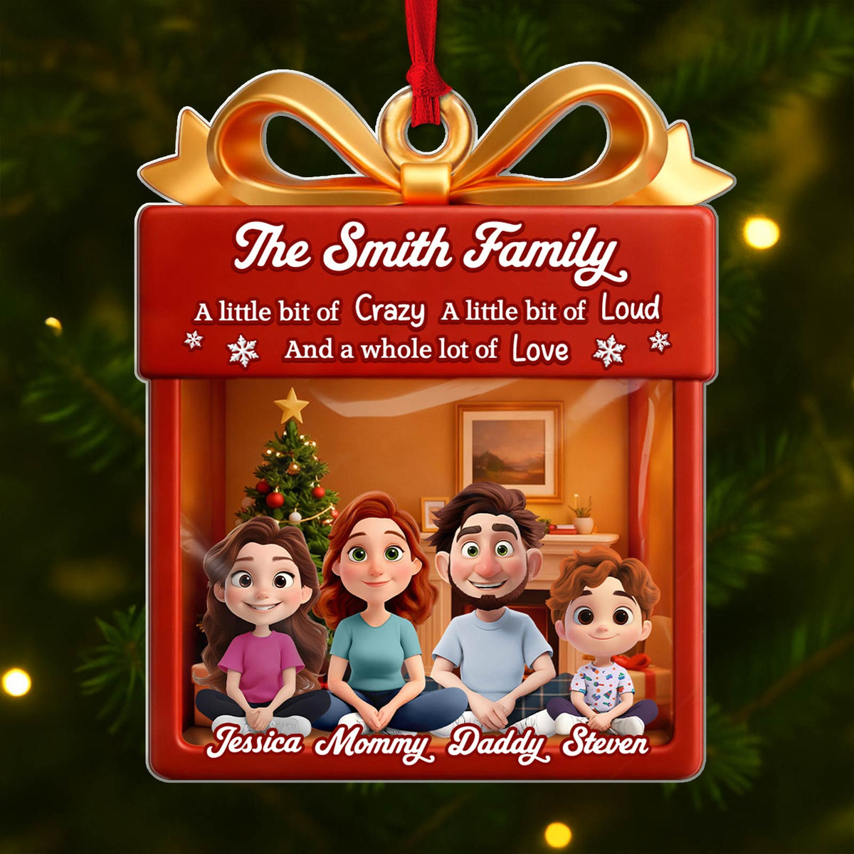 Personalized family Christmas ornament featuring the Smith family with a festive design