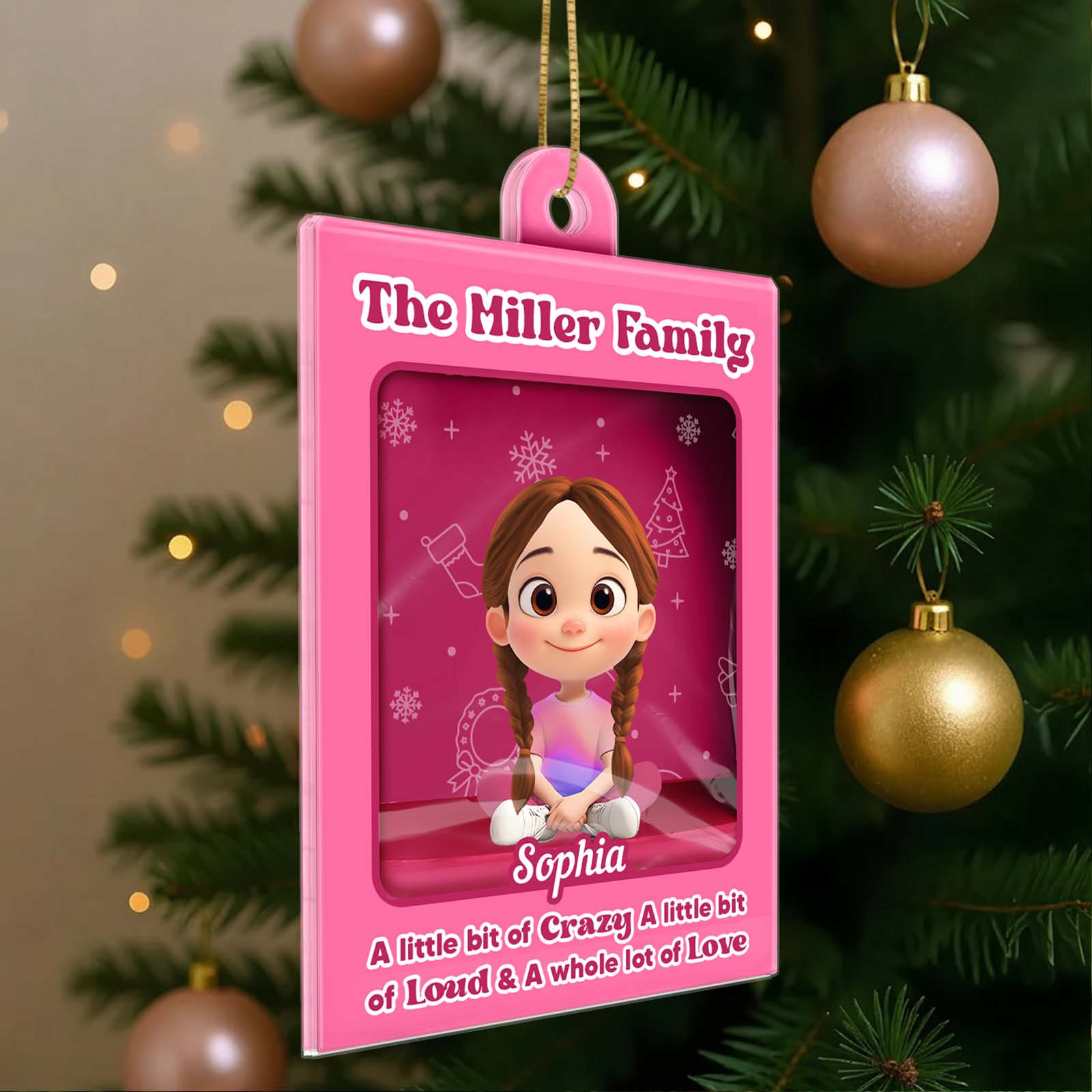 Personalized family Christmas ornament featuring a cute character for family celebrations