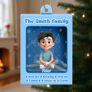 Personalized family Christmas ornament featuring a child with the name Peter and festive background design