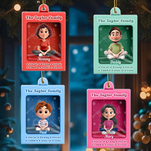Personalized family Christmas ornament featuring cartoon family members with festive backgrounds
