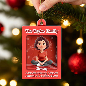 Personalized family Christmas ornament for the Taylor Family featuring a cartoon mom with festive decorations