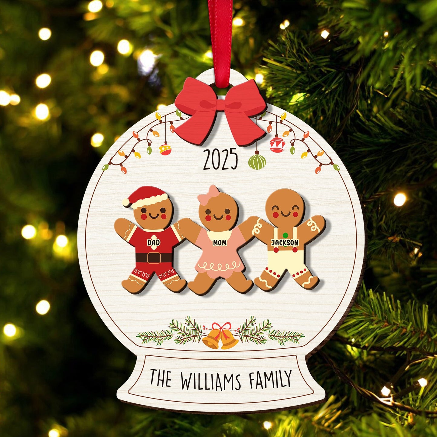Personalized family Christmas ornament featuring gingerbread figures for The Williams Family in 2025