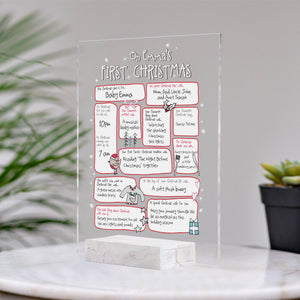 Personalized family Christmas plaque with custom text for Emma's first Christmas displayed on marble table