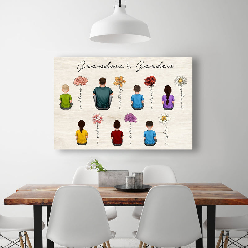 Personalized family flower poster depicting family members in colorful clothing sitting with flowers
