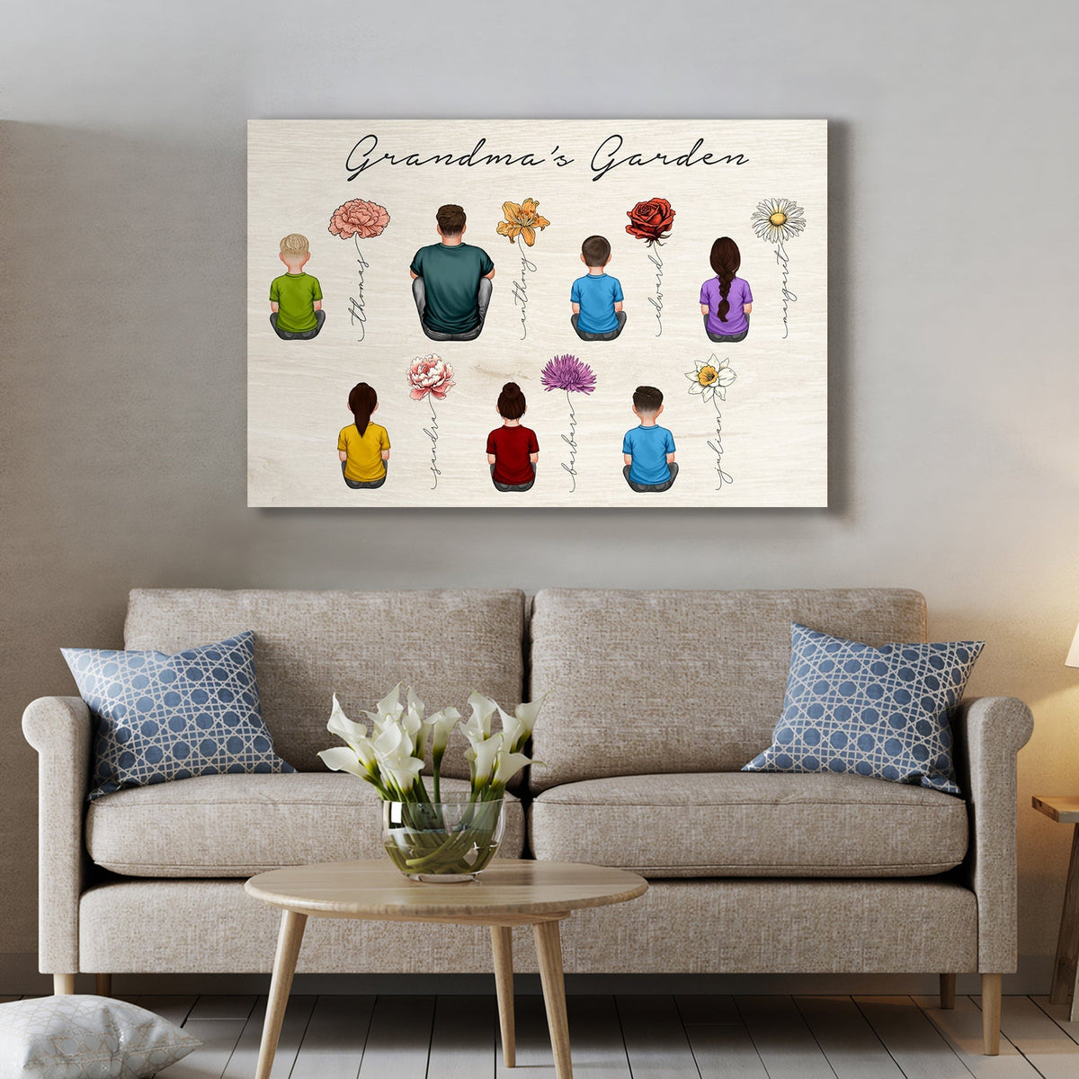 Personalized family flower poster featuring characters sitting with flowers in a cozy living room setting