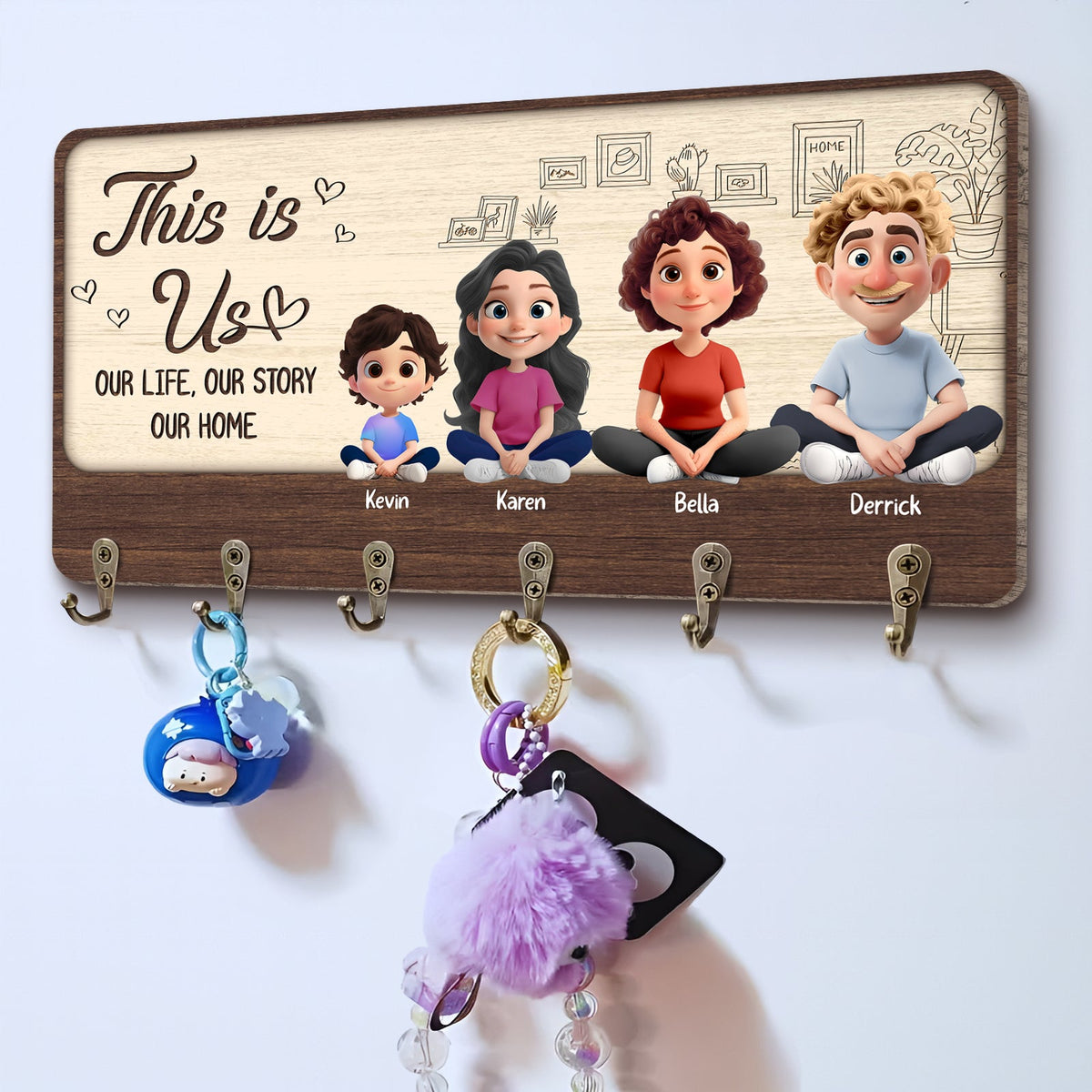 Personalized family key holder with cartoon family design and hooks for keys