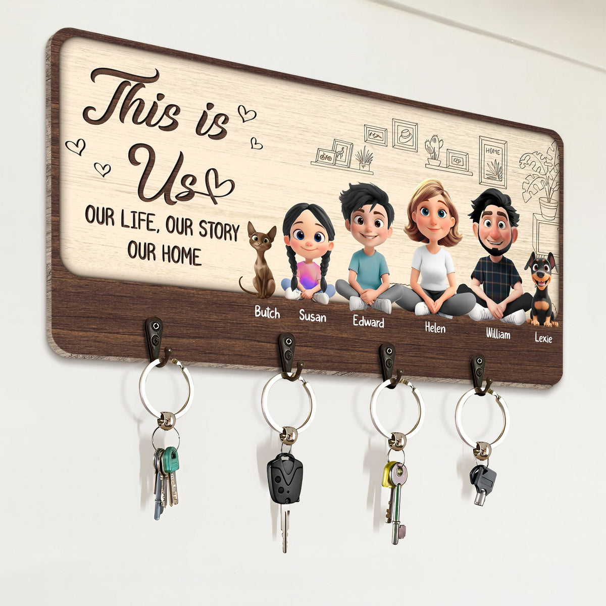 Personalized family key holder with cartoon family design and four key hooks for home organization