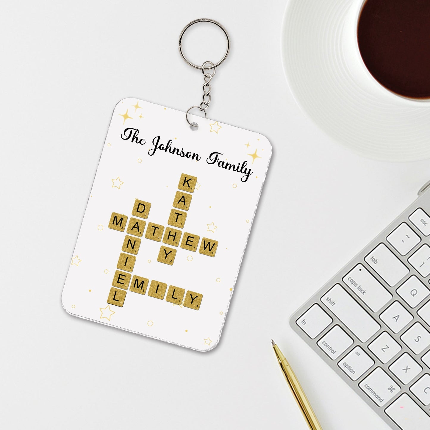 Personalized family keychain featuring names arranged in a crossword design for a unique gift